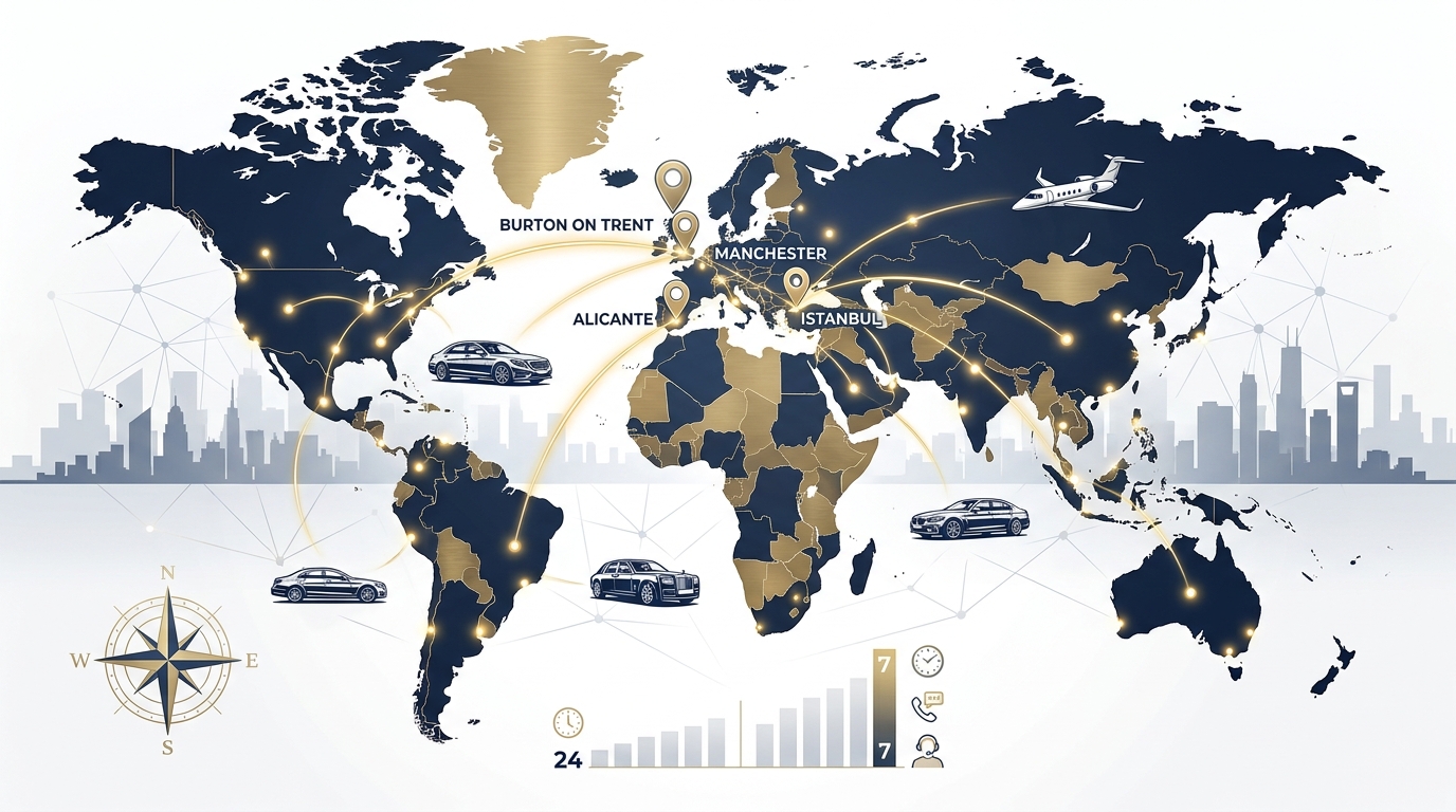 World map highlighting ROLZO's global coverage across 100+ countries, with pins marking key destinations like Burton on Trent, Manchester, Alicante, and Istanbul