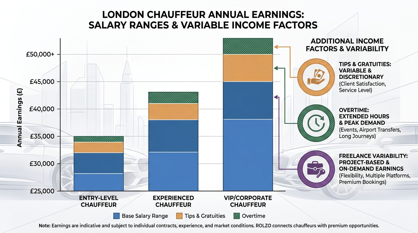 Bar chart or salary range visualization showing chauffeur earnings in London (£28,000–£45,000), with segments comparing entry-level, experienced, and VIP/corporate chauffeurs, including notes on tips, overtime, and freelance variability