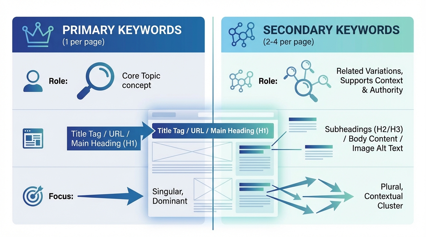 Side-by-side comparison table or visual showing Primary Keywords (1 per page, in title/URL/main headings, defines core topic) versus Secondary Keywords (2-4 per page, related variations, supports context)