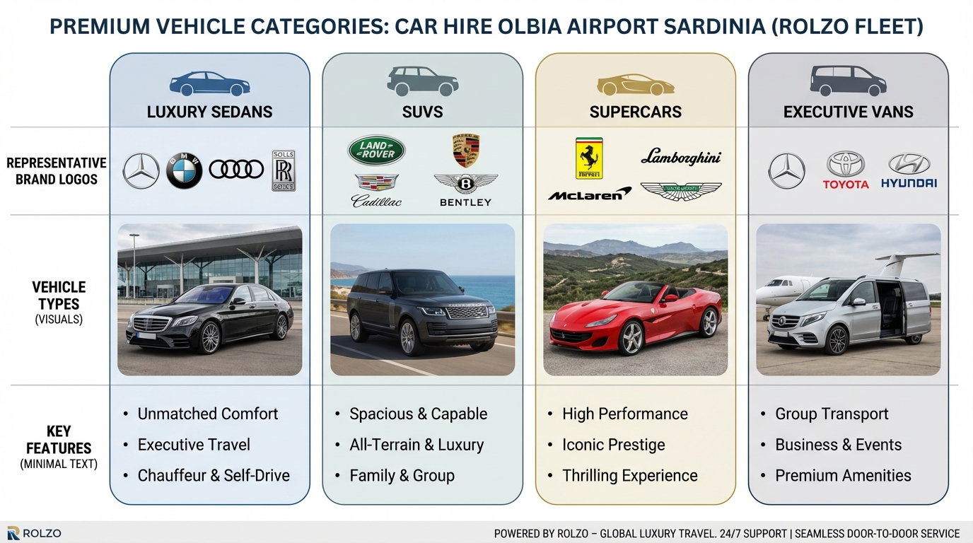 Visual grid or comparison table showcasing the different vehicle categories available (Luxury Sedans, SUVs, Supercars, Executive Vans) with representative brand logos and vehicle types