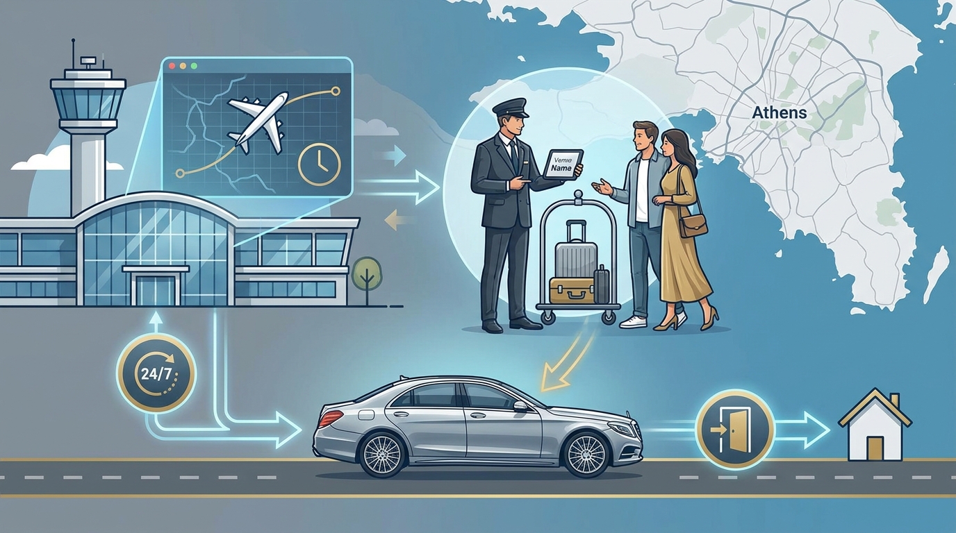 Infographic showing the premium service features: icons representing 24/7 support, real-time flight tracking, professional chauffeur, door-to-door service, and VIP meet & greet