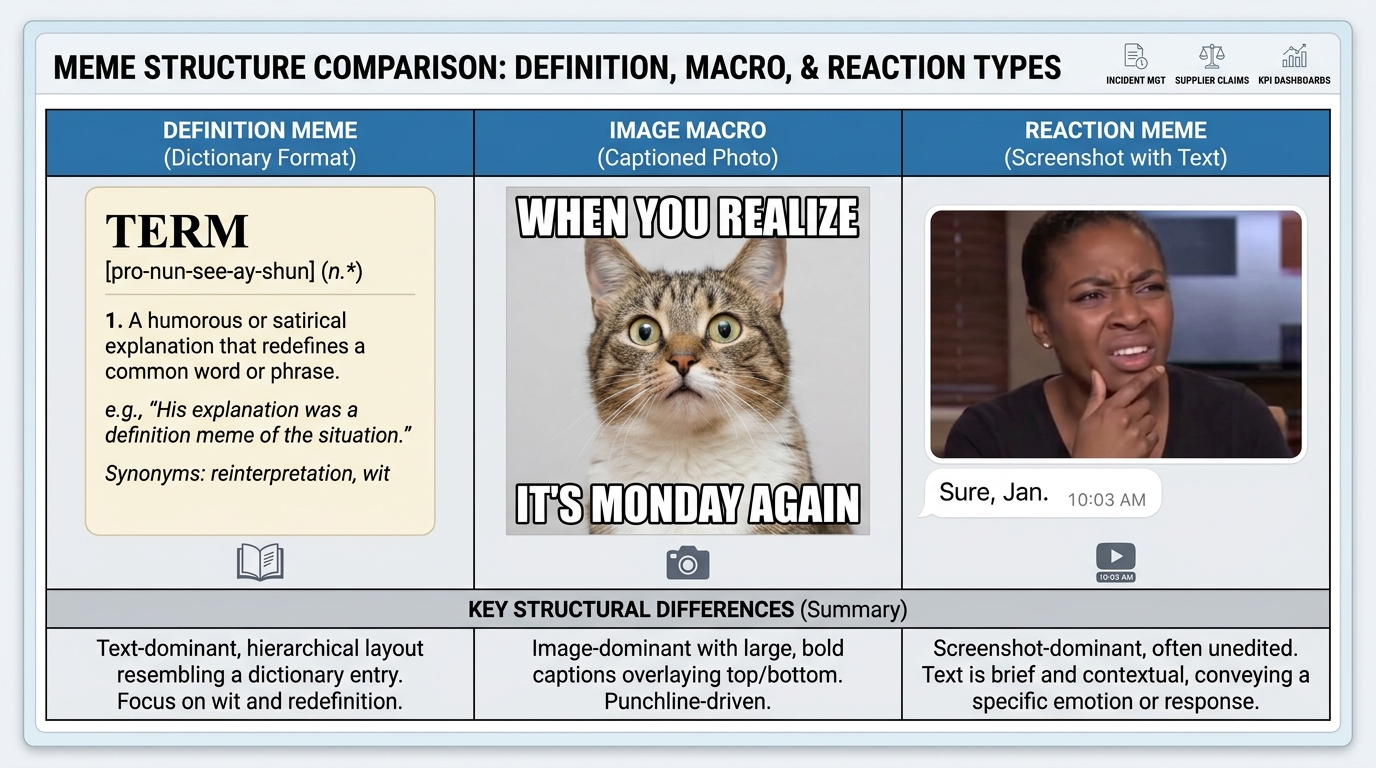 Side-by-side comparison showing three meme types: a definition meme (dictionary format), an image macro (captioned photo), and a reaction meme (screenshot with text), highlighting their structural differences