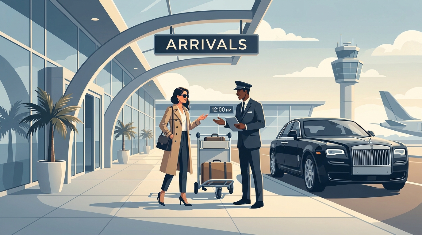 Illustration or photo depicting a traveler being greeted by a chauffeur at the arrivals terminal with a luxury vehicle waiting, showcasing the VIP Meet & Greet experience at Palma de Mallorca Airport