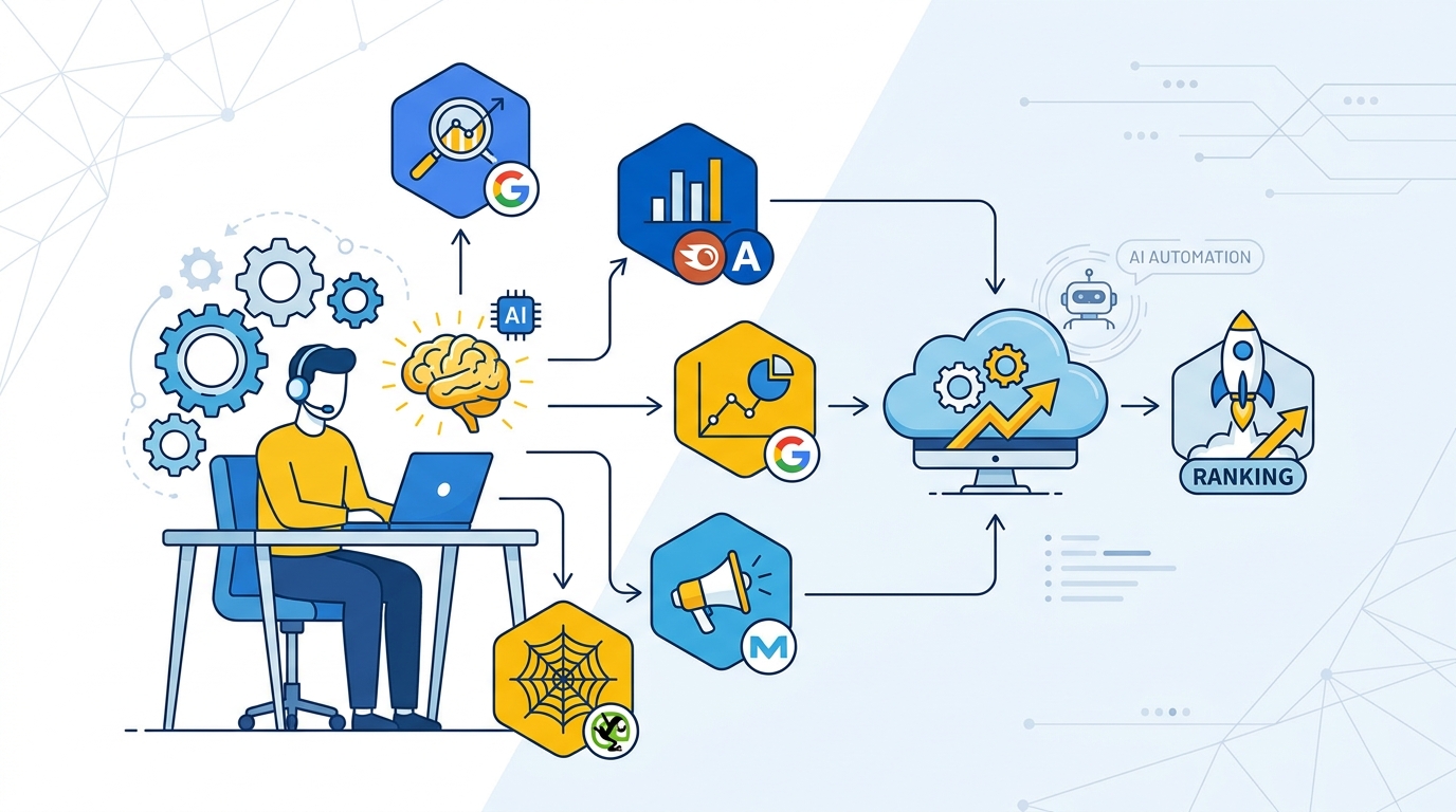 Infographic or icon-based diagram showing the essential SEO tool stack: Google Search Console, SEMrush/Ahrefs, Google Analytics, Screaming Frog, Moz, and AI-powered automation platforms with their primary functions