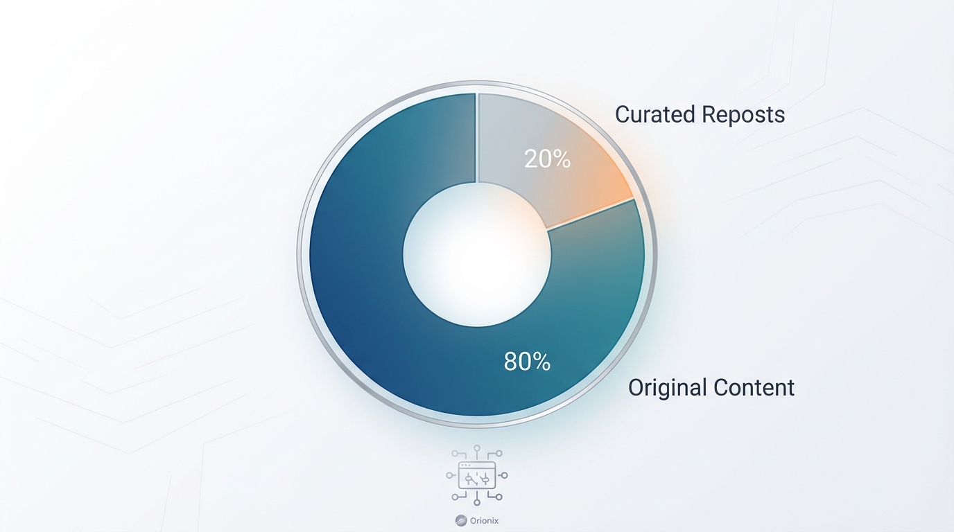 Pie chart or donut chart showing the 80/20 content distribution rule - 80% original content vs 20% curated reposts for Instagram marketing