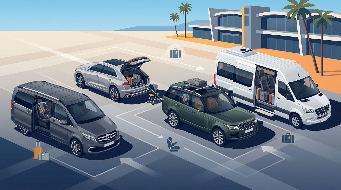 Illustration of family-friendly vehicles (Mercedes-Benz V-Class, Audi Q8, Range Rover, Sprinter minibus) with luggage and child seats highlighting spaciousness