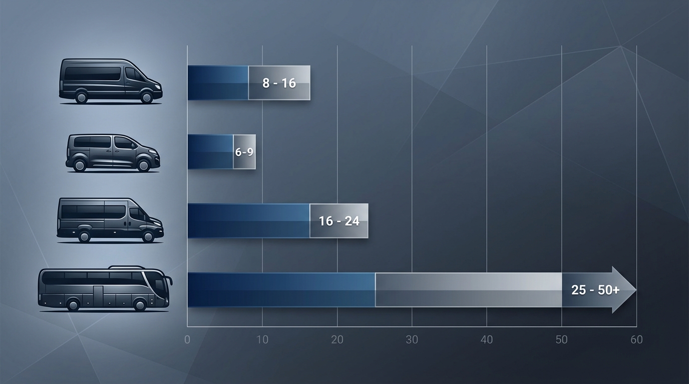 Visual infographic showing different vehicle types with their passenger capacities: Mercedes-Benz Sprinter/Toyota HiAce (8-16), Peugeot Traveller (6-9), Iveco minibuses (16-24), Luxury coaches (25-50+)