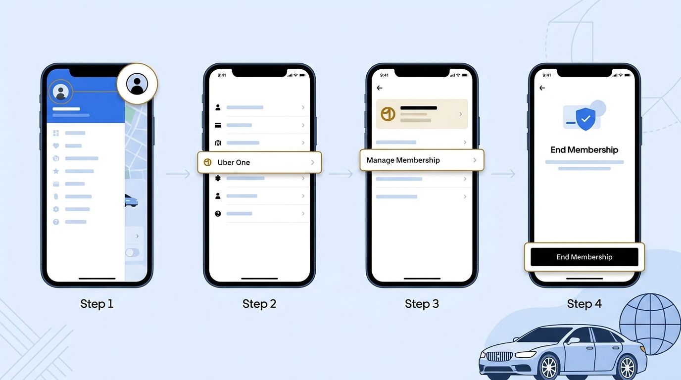 Step-by-step visual walkthrough showing annotated smartphone screenshots of the Uber app cancellation flow: profile icon, Uber One menu, Manage Membership, and End Membership button