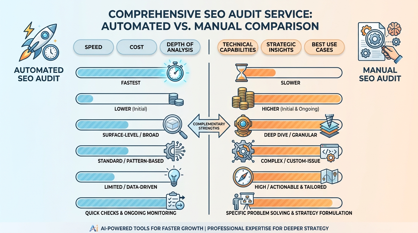 Side-by-side comparison table contrasting automated vs manual SEO audits, showing differences in speed, cost, depth of analysis, technical capabilities, strategic insights, and best use cases
