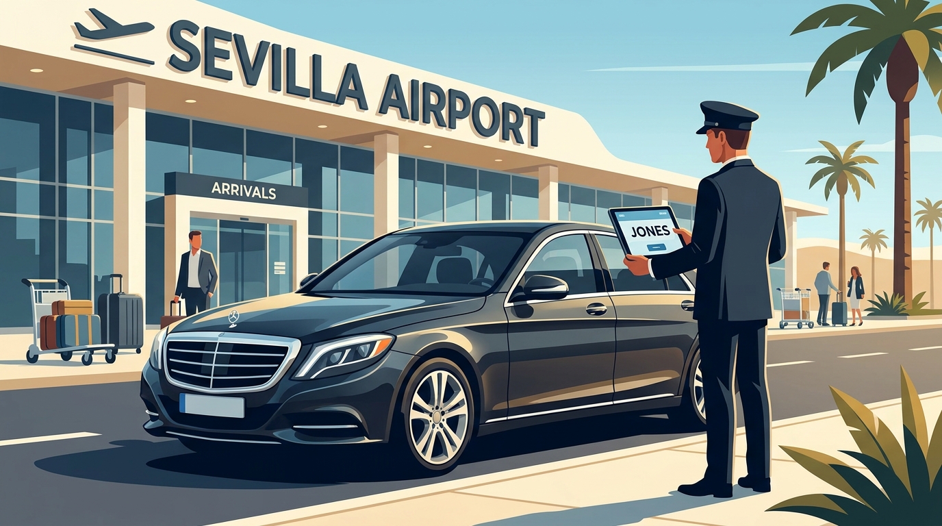 Illustration showing a chauffeur with a name sign greeting a traveller at an airport arrivals terminal beside a premium vehicle, conveying the VIP Meet & Greet experience