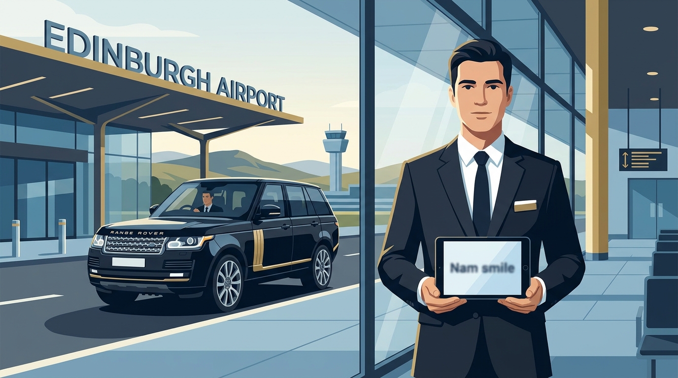 Hero image showing a professional chauffeur in a suit holding a name sign at Edinburgh Airport arrivals, with a luxury vehicle (Mercedes-Benz S-Class or Range Rover) in the background. Conveys the VIP Meet & Greet experience.