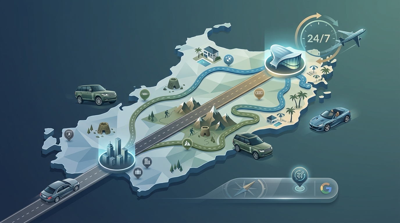 Map of Sardinia highlighting key destinations from Olbia Airport with suggested vehicle types for different terrains (coastal routes, mountain roads, highway touring)