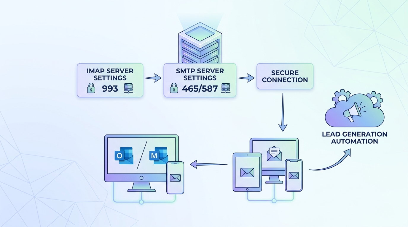 Diagram showing email client configuration setup with labeled boxes for IMAP server settings (imap.secureserver.net, port 993), SMTP server settings (smtpout.secureserver.net, ports 465/587), and connection to various email clients (Outlook, Apple Mail, mobile devices)