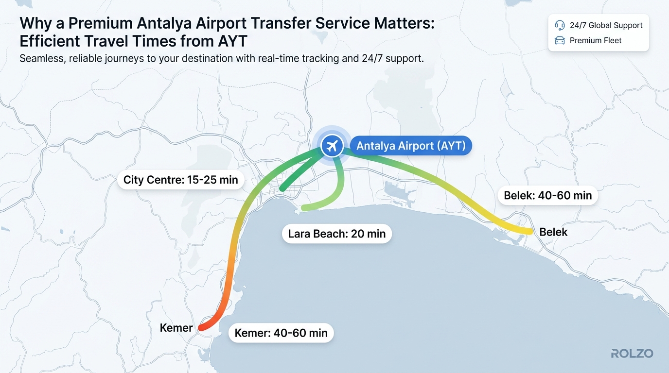 Horizontal bar chart or map-based visualization showing travel times from Antalya Airport (AYT) to key destinations: City Centre (15-25 min), Lara Beach (20 min), Belek (40-60 min), Kemer (40-60 min)