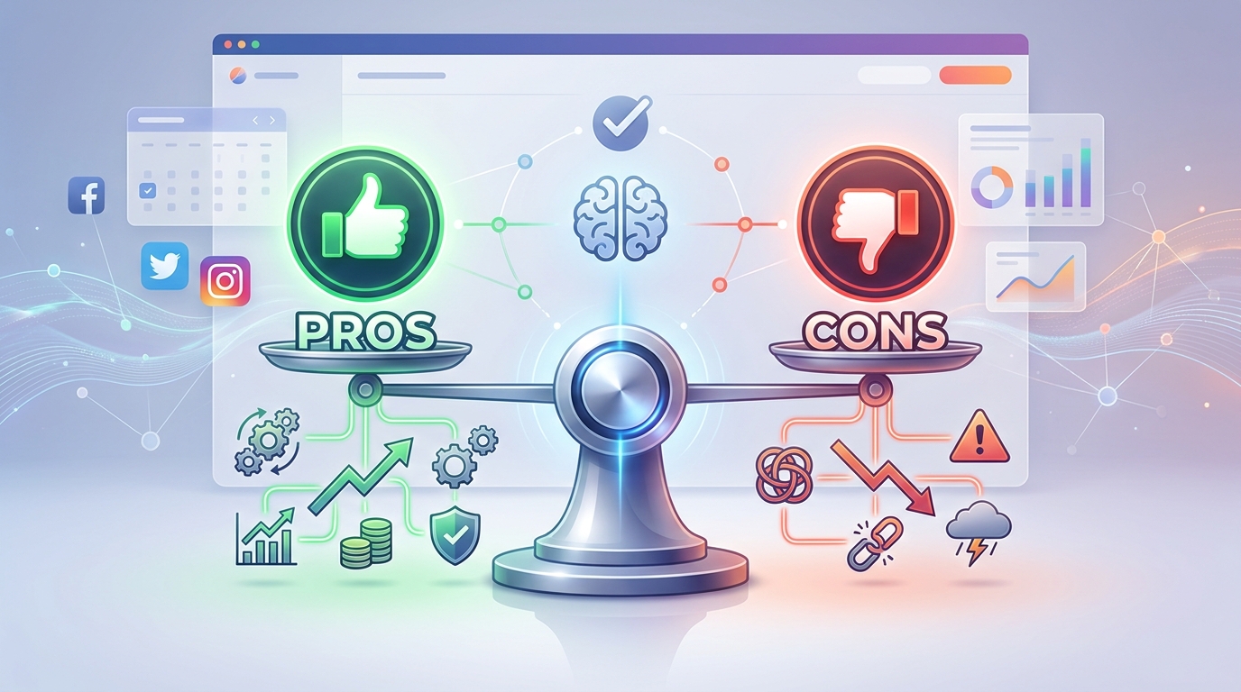 A visual diagram showing a balanced scale with 'Pros' (👍) on one side and 'Cons' (👎) on the other, illustrating the concept of weighing advantages against disadvantages before a decision