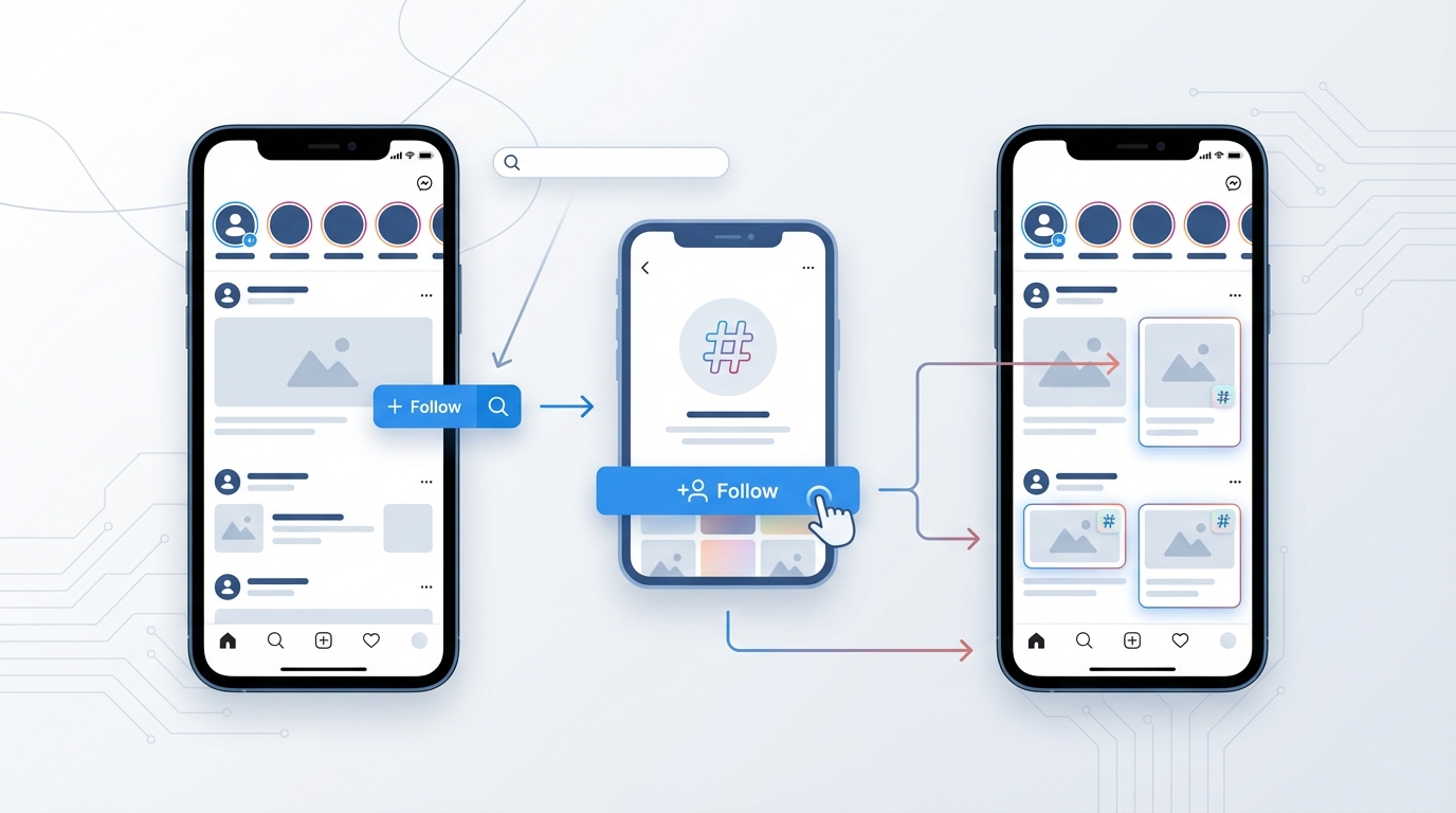 Side-by-side comparison screenshot showing an Instagram feed before and after following hashtags, with arrows pointing to hashtag-sourced posts mixed among regular posts