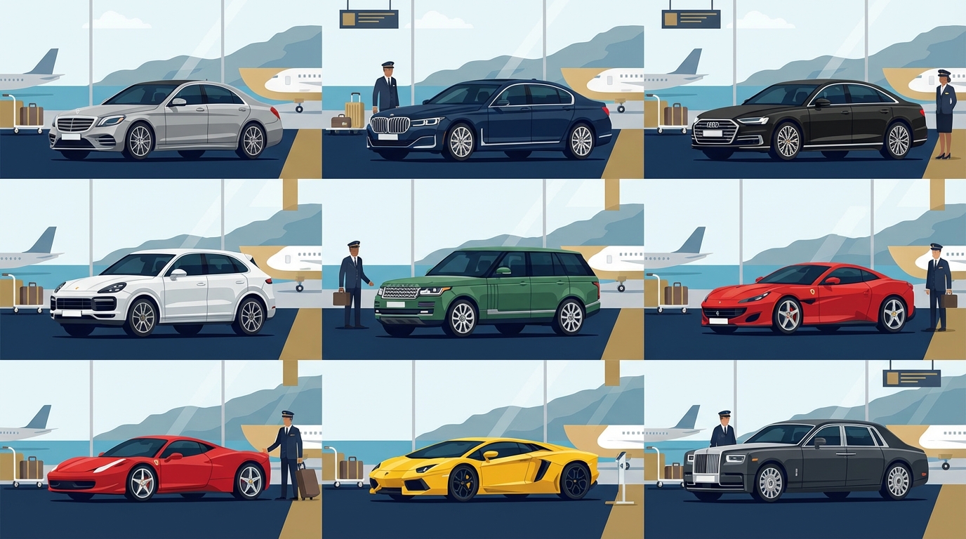 Grid or carousel showcasing the luxury vehicle fleet mentioned: Mercedes-Benz S-Class, BMW 7 Series, Audi A8, Porsche Cayenne, Range Rover, and exotic supercars (Ferrari, Lamborghini, Rolls-Royce)