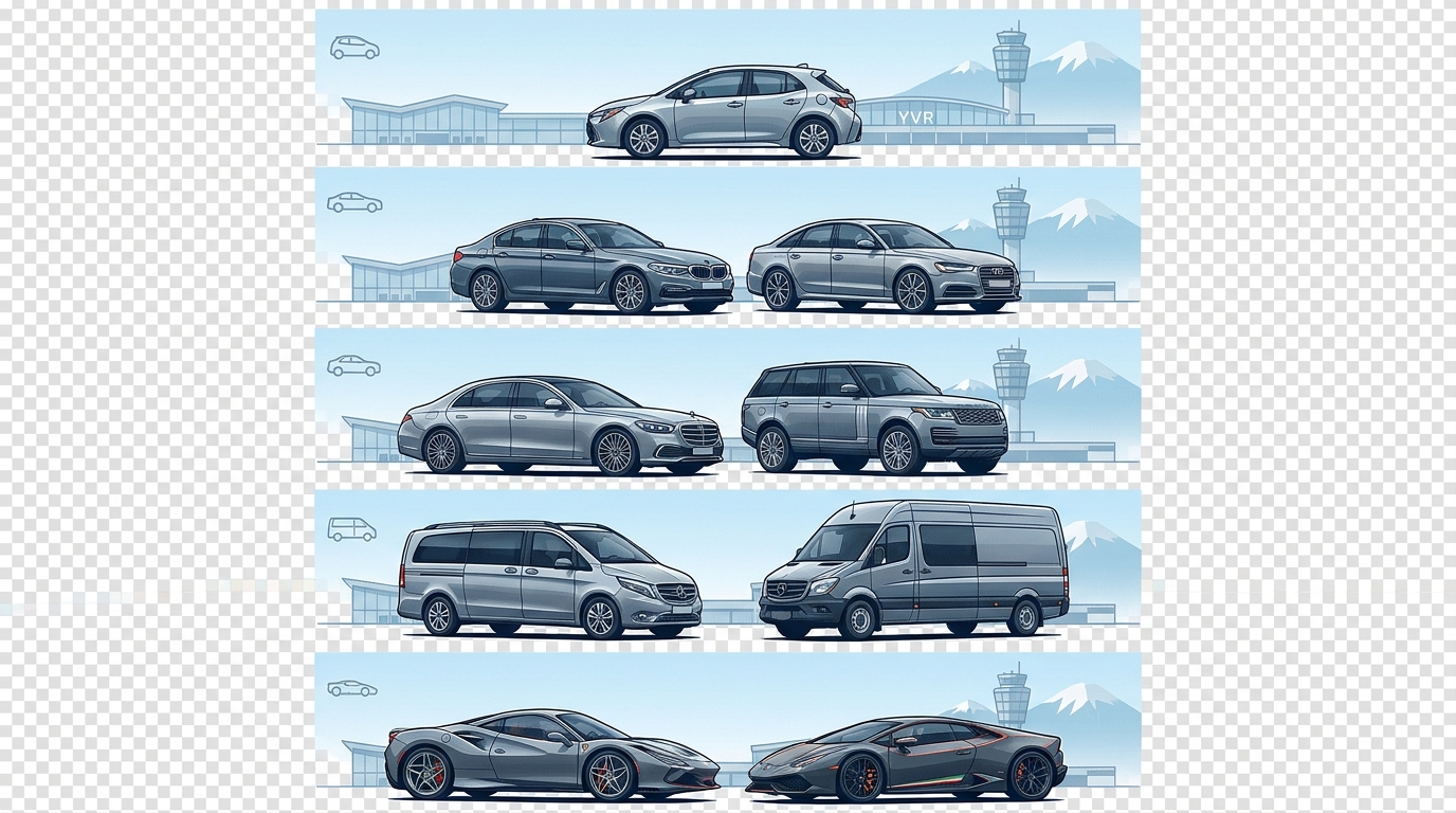 Grid or lineup image showcasing the range of available vehicle categories — economy, premium (BMW, Audi), luxury (Mercedes-Benz, Range Rover), group vehicles (Sprinter, V-Class), and supercars (Ferrari, Lamborghini)