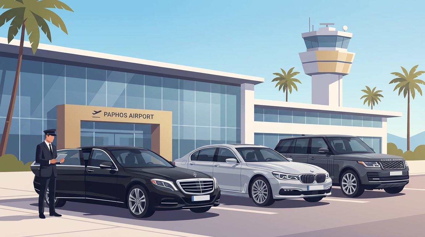 Hero image showing luxury vehicles (Mercedes-Benz S-Class, BMW 7 Series, or Range Rover) at Paphos Airport terminal with professional chauffeur