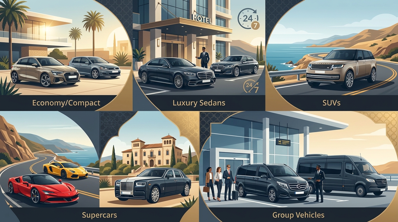 Visual grid showcasing the ROLZO fleet categories: economy/compact, luxury sedans (Mercedes-Benz S-Class, BMW 7 Series), SUVs (Range Rover), supercars (Ferrari, Lamborghini, Rolls-Royce), and group vehicles (V-Class, Sprinter)