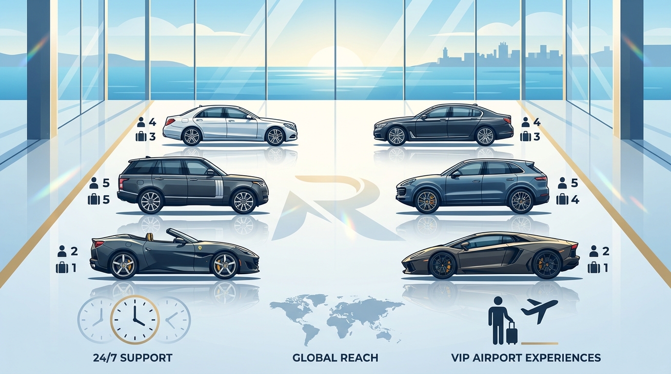 Grid showcase of luxury vehicle fleet including Mercedes-Benz S-Class, BMW 7 Series, Range Rover, Porsche Cayenne, Ferrari, and Lamborghini with brief specifications