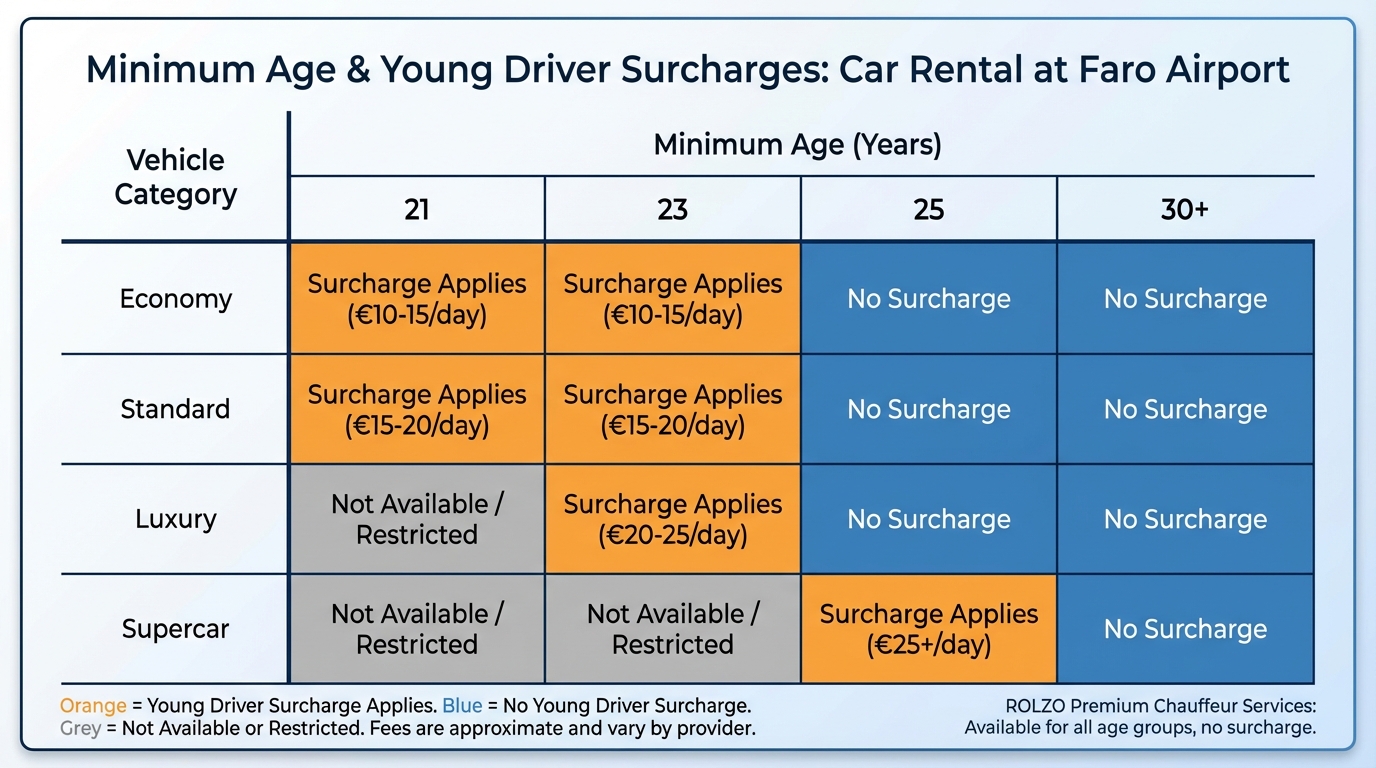 Comparison table showing minimum age requirements (21, 23, 25, 30+) across vehicle categories (economy, standard, luxury, supercar) with associated young driver surcharge fees (€10-25 per day)