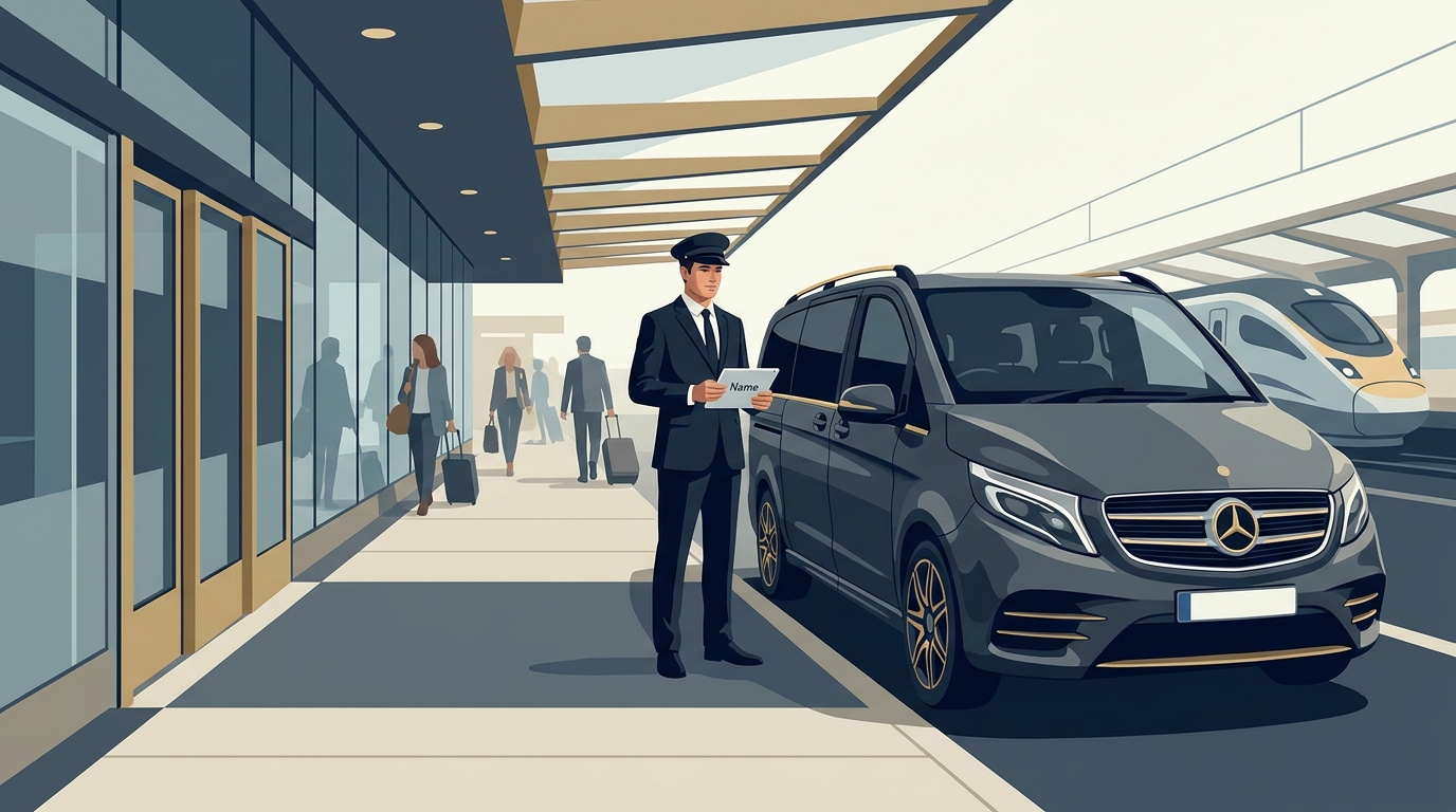 Hero image depicting a chauffeur in professional attire holding a name sign and waiting beside a premium Mercedes-Benz vehicle at a train station entrance, illustrating the VIP Meet & Greet arrival experience