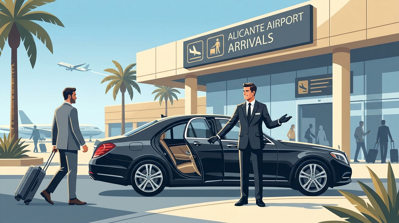 A professional chauffeur in formal attire standing beside a luxury black Mercedes-Benz S-Class at the arrivals area of Alicante Airport, welcoming a traveller. This visualizes the premium door-to-door arrival experience described.