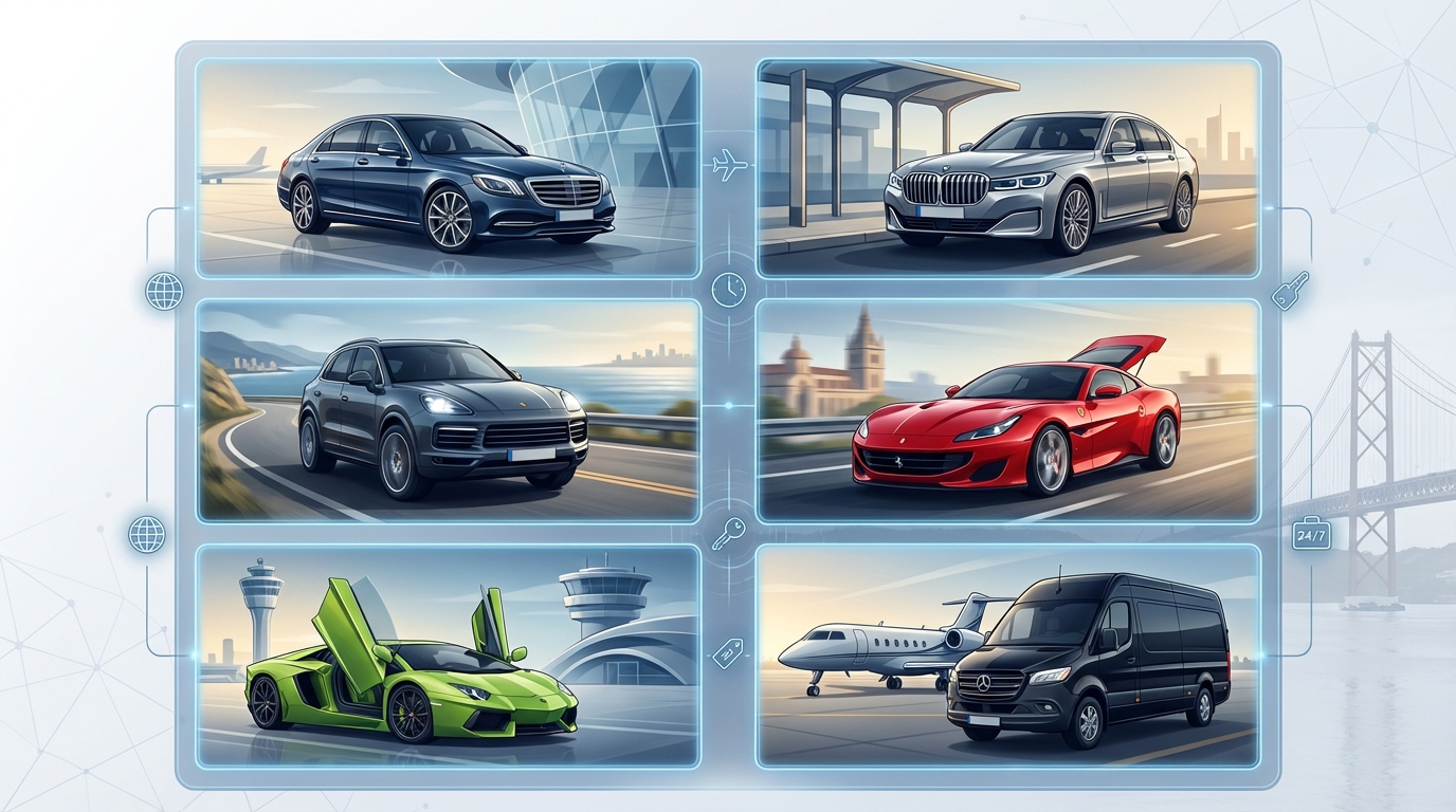 Visual grid or gallery showcasing ROLZO's luxury fleet categories with representative vehicle images: Mercedes-Benz S-Class, BMW 7 Series, Porsche Cayenne, Ferrari, Lamborghini, and Mercedes-Benz Sprinter