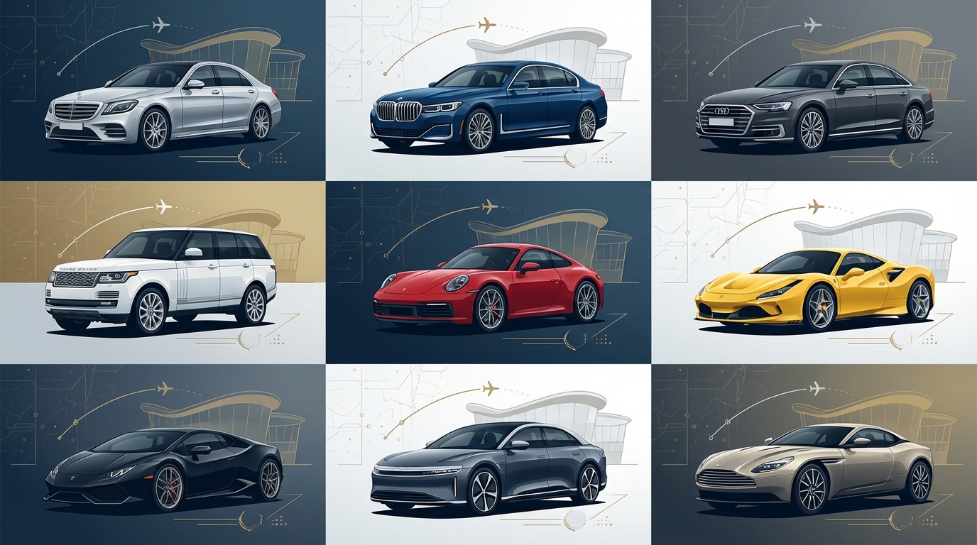 Grid or collage showcasing the luxury vehicle fleet including Mercedes-Benz S-Class, BMW 7 Series, Audi A8, Range Rover, Porsche 911, and exotic supercars like Ferrari and Lamborghini