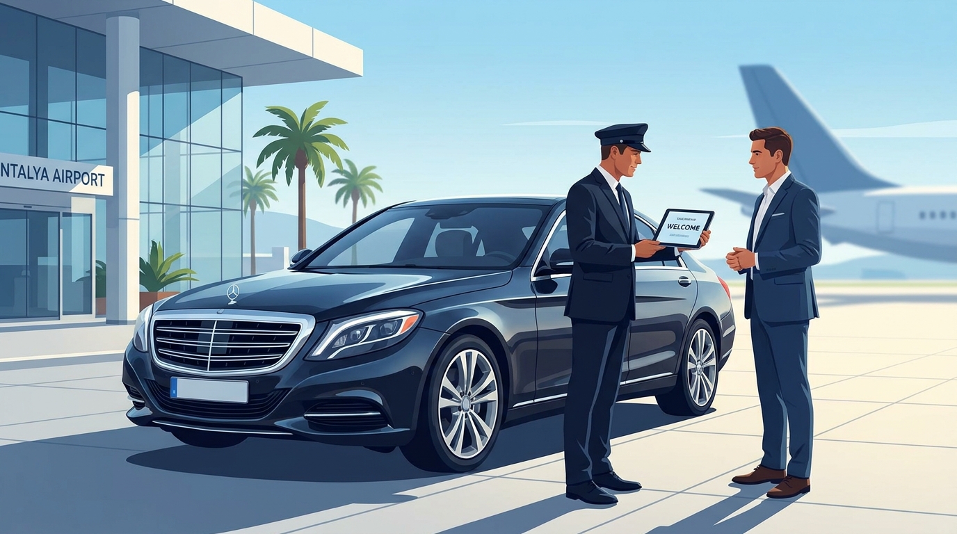 Hero image showing a professional chauffeur in front of a luxury Mercedes-Benz sedan at Antalya Airport, with a passenger being greeted, illustrating the premium VIP Meet & Greet experience
