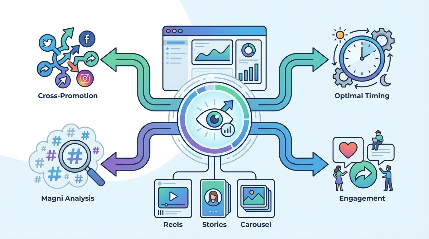 Infographic showing the key strategies for increasing free Instagram views: cross-promotion arrows, hashtag symbols, clock for optimal timing, engagement icons, and content format examples (stories, reels, carousel)