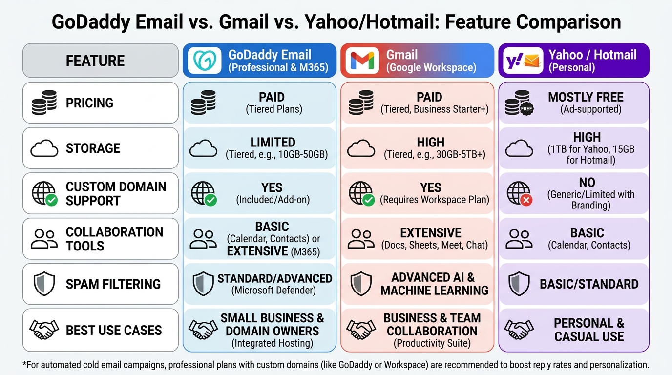 Comparison table showing GoDaddy email vs Gmail (Google Workspace) vs Yahoo/Hotmail features including pricing, storage, custom domain support, collaboration tools, spam filtering, and best use cases