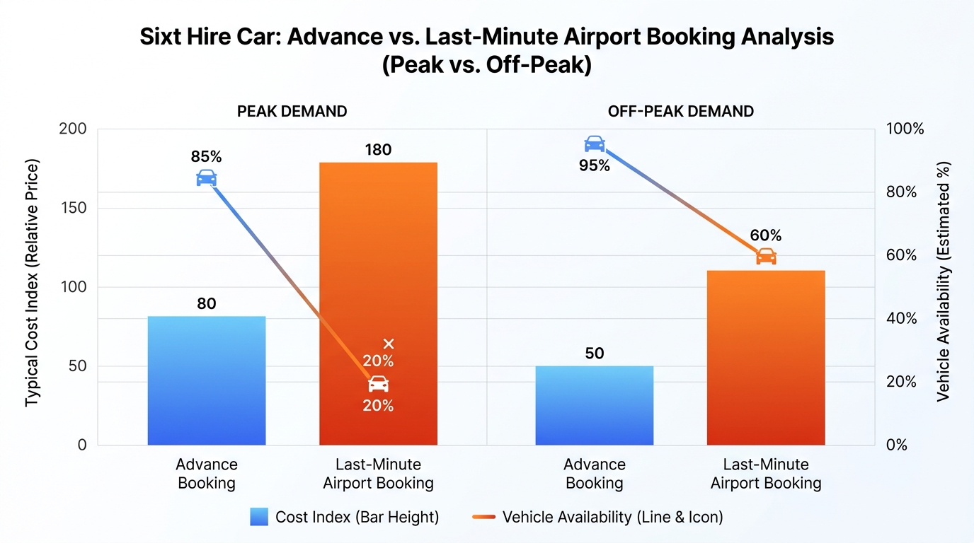 Bar chart or line graph illustrating the typical price difference between advance bookings and last-minute airport bookings, highlighting cost savings and vehicle availability during peak vs. off-peak demand.