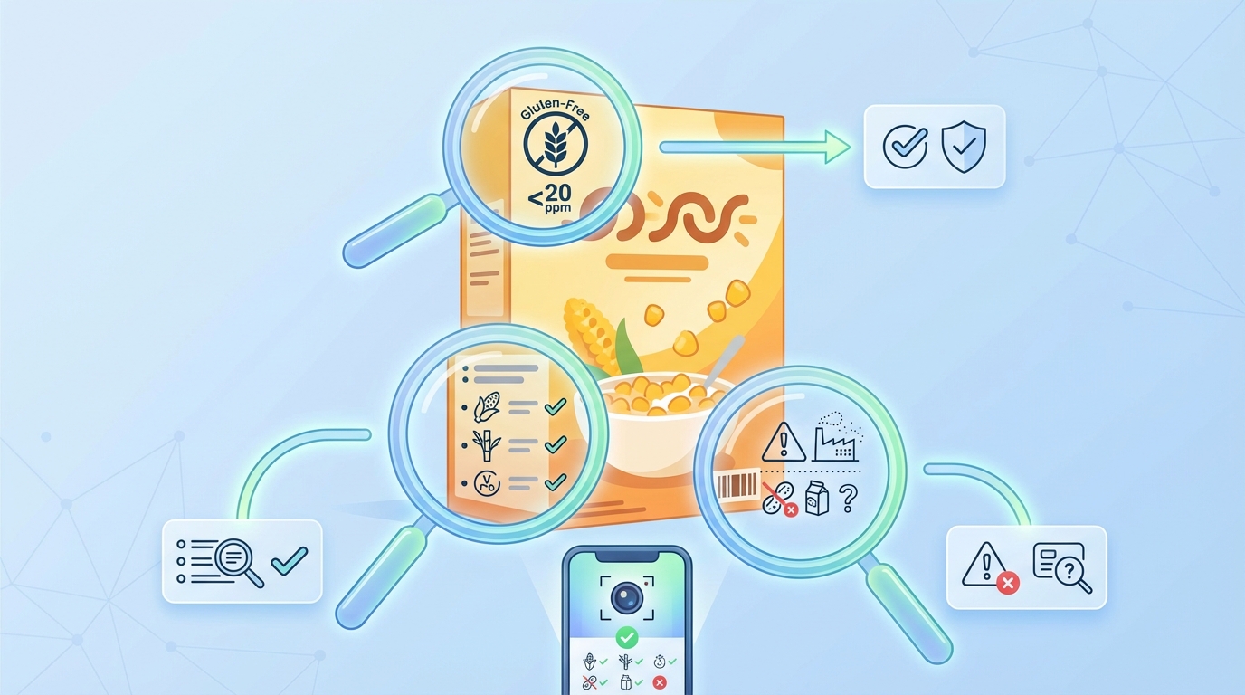 Infographic showing a corn flakes box with callouts highlighting where to find gluten-free certification logos, ingredient lists, and cross-contamination warnings on packaging