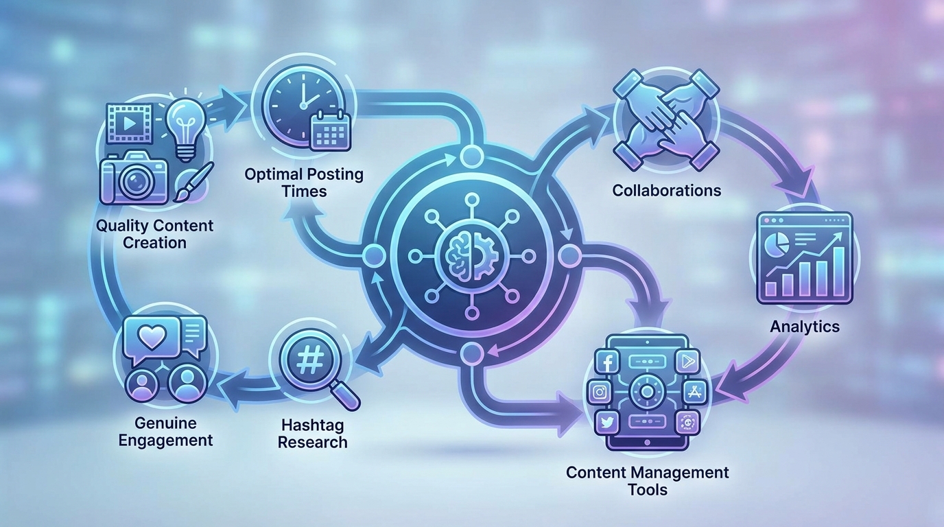 Infographic showing authentic Instagram growth strategies as interconnected elements: quality content creation, optimal posting times, genuine engagement, hashtag research, collaborations, analytics, and content management tools