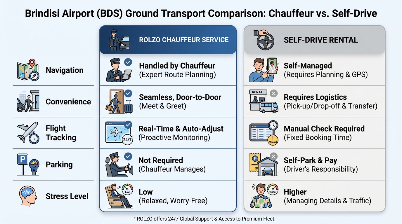 Side-by-side comparison visualization of ROLZO Chauffeur Service vs. Self-Drive Rental across features such as navigation, convenience, flight tracking, parking, and stress level