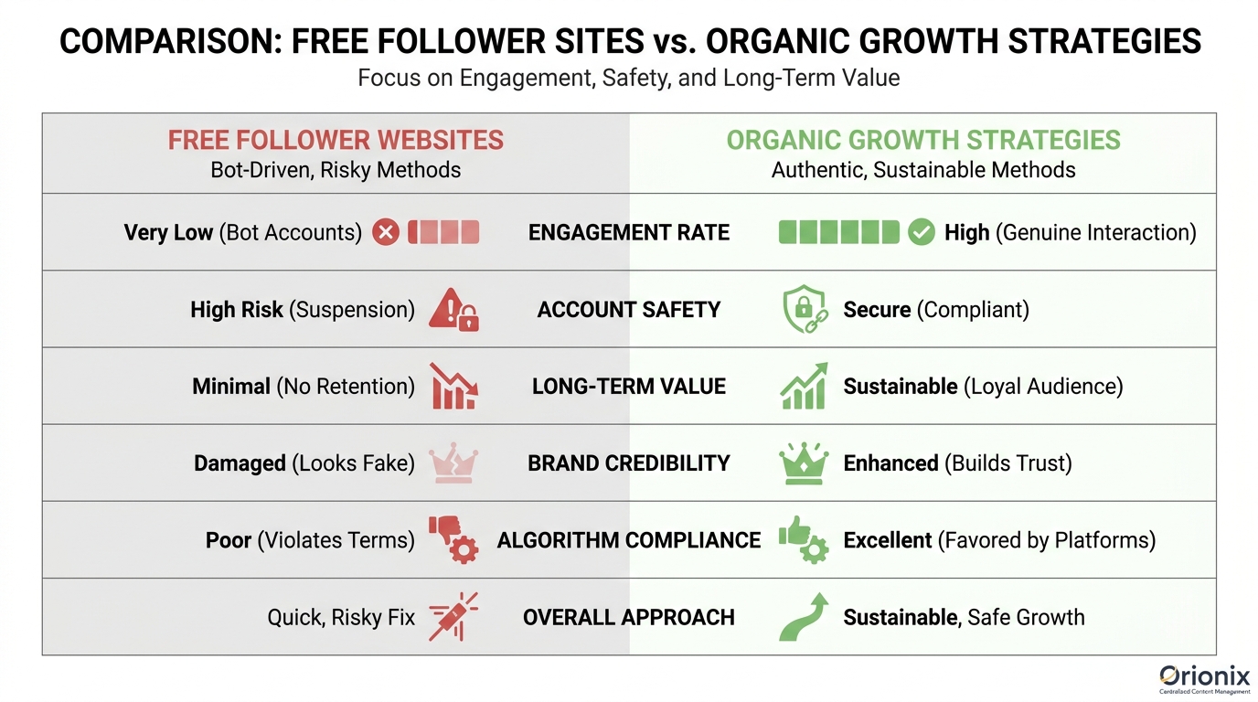 Side-by-side comparison table showing 'Free Follower Websites' vs 'Organic Growth Strategies' with metrics like engagement rate, account safety, long-term value, brand credibility, and algorithm compliance