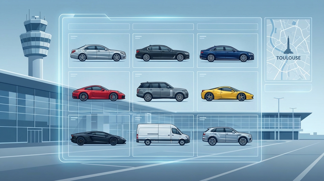 Grid showcase of luxury vehicles available - featuring Mercedes-Benz S-Class, BMW 7 Series, Audi A8, Porsche 911, Range Rover, Ferrari, Lamborghini, and Mercedes Sprinter