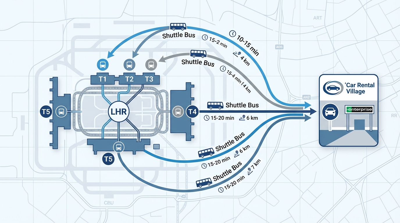 Infographic or diagram showing the layout of Heathrow terminals with shuttle bus routes to Car Rental Village, including timing and distance information