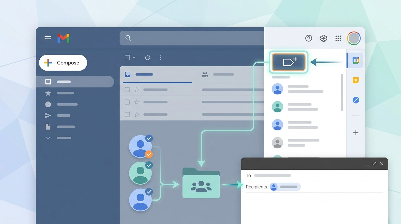 Screenshot or annotated illustration showing the Gmail interface with Google Contacts panel, 'Create label' button highlighted, and the process of adding contacts to a group