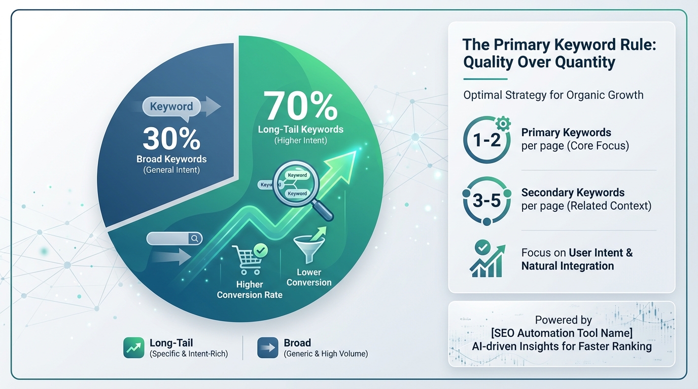 Pie chart or infographic showing that long-tail keywords drive 70% of search traffic versus 30% for broad keywords, with visual emphasis on the conversion rate advantage
