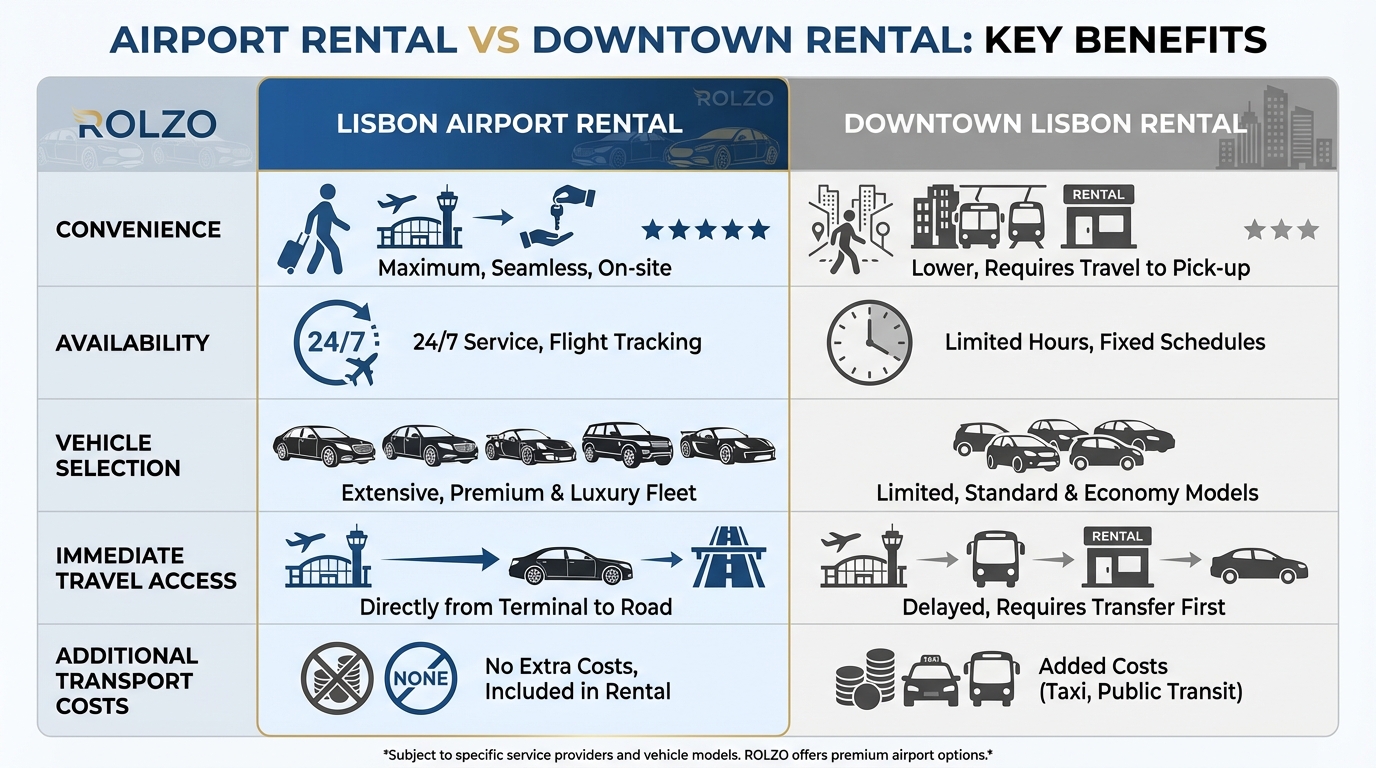 Side-by-side comparison infographic showing Airport Rental vs Downtown Rental benefits: convenience, availability (24/7 vs limited hours), vehicle selection, immediate travel access, and additional transport costs