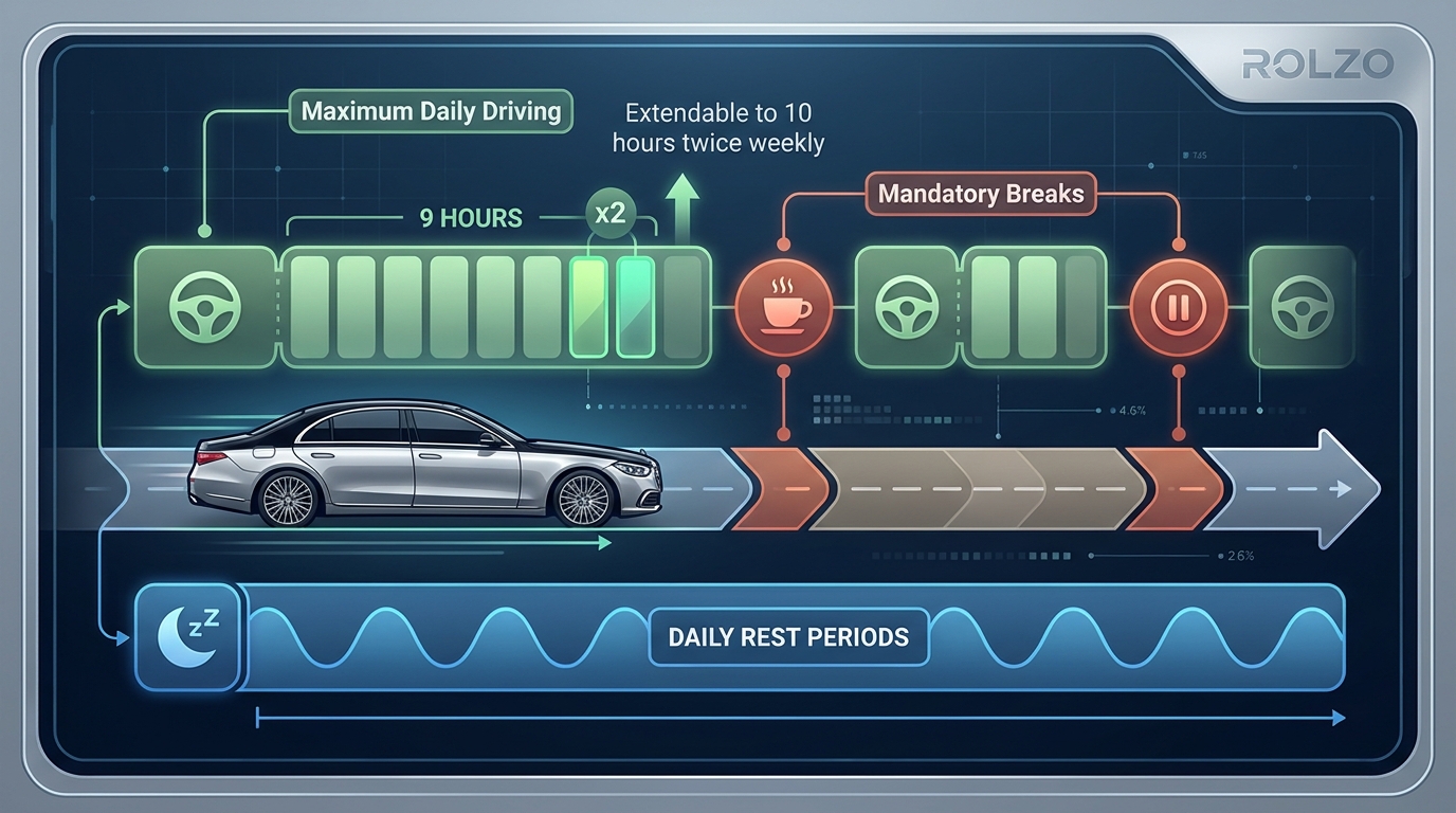 Infographic illustrating EU/UK drivers' hours regulations: maximum nine hours daily driving (extendable to ten twice weekly), mandatory breaks, and daily rest periods shown on a timeline