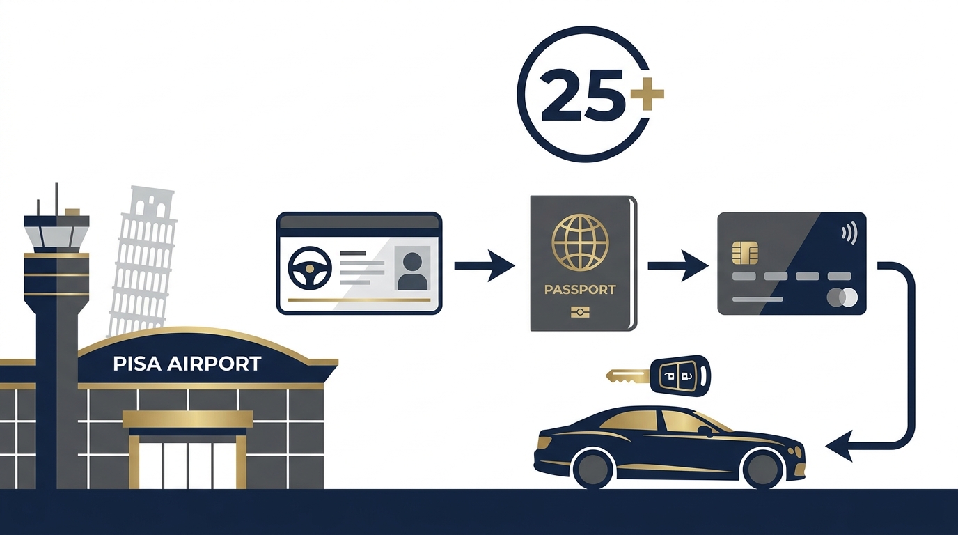 Simple infographic showing required documents: driver's license icon, passport/ID icon, credit card icon, with age requirement (25+) notation