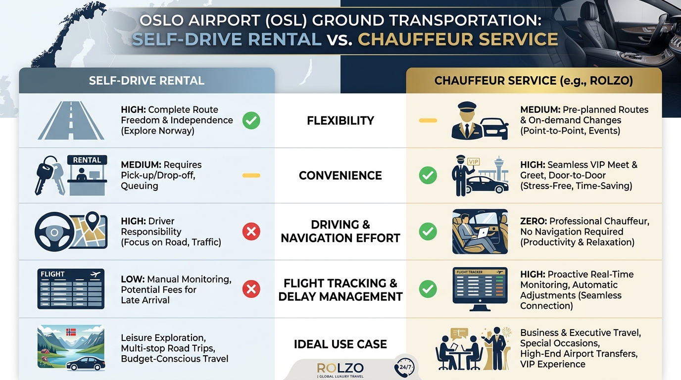 Comparison table contrasting self-drive rental vs. chauffeur service across factors like flexibility, convenience, driving/navigation effort, flight tracking, and ideal use case