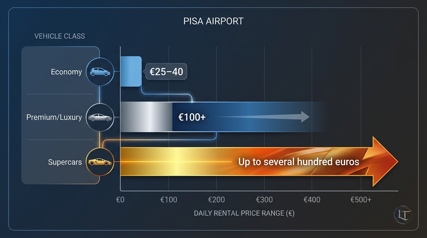 Bar chart comparing daily rental price ranges by vehicle class (economy €25–40, premium/luxury €100+ for Mercedes-Benz, BMW, Range Rover, up to several hundred euros for supercars)