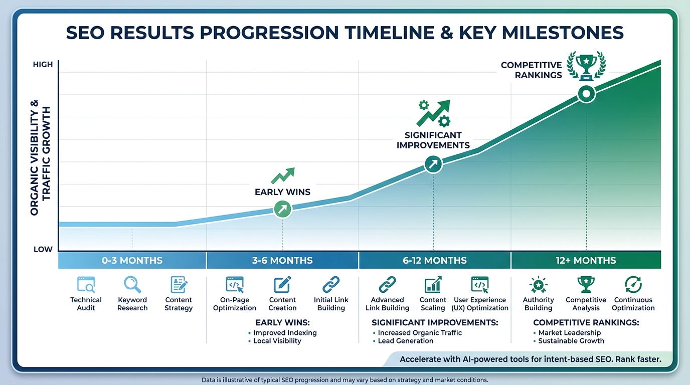 Timeline infographic or line graph showing SEO results progression: initial results at 3-6 months, significant improvements at 6-12 months, with milestones for early wins and competitive rankings