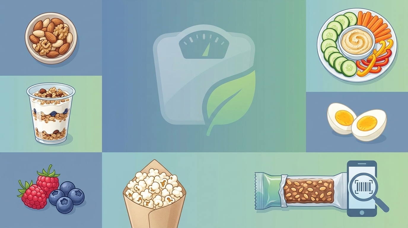 Visual grid or collage showing the top healthy snack foods mentioned: nuts, Greek yogurt, vegetables with hummus, hard-boiled eggs, berries, air-popped popcorn, and protein bars