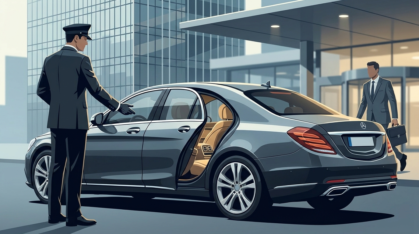 A high-quality hero image showing a professional chauffeur opening the door of a luxury Mercedes-Benz S-Class or BMW 7 Series for a business traveller, conveying prestige and comfort